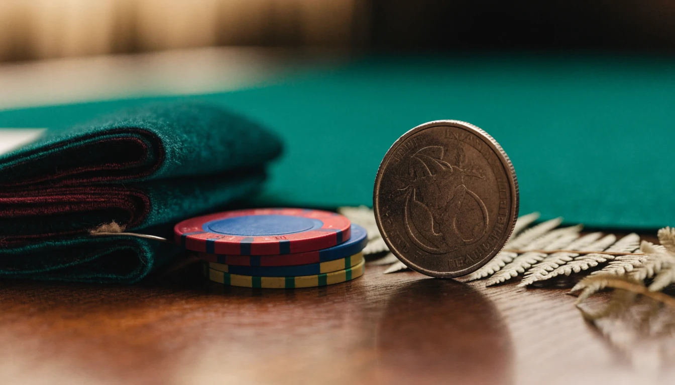 Single NZ dollar coin beside casino chips on a green felt table