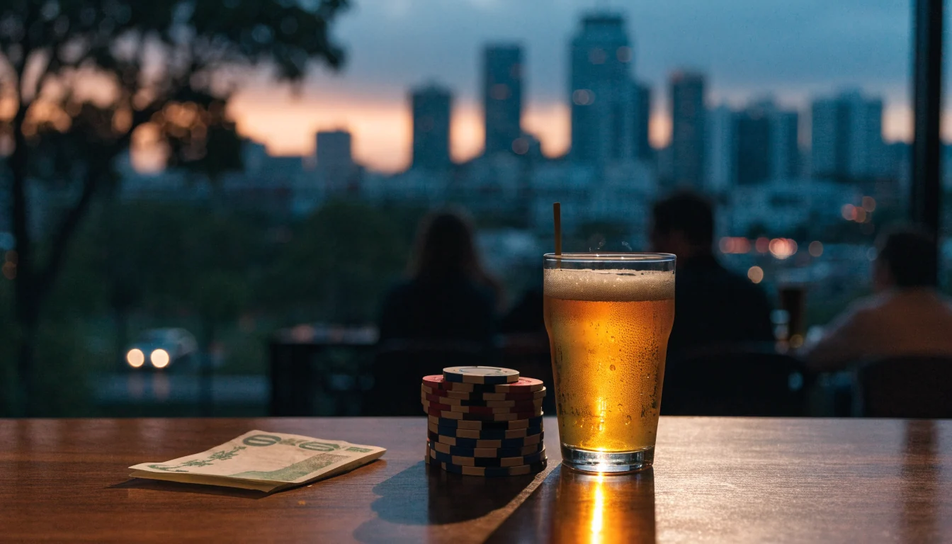 Casino chips beside an NZ$10 banknote on a table with Auckland skyline at dusk