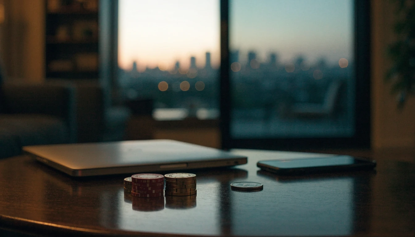 Casino chips, coin, closed laptop and phone on a table with Auckland skyline at dusk
