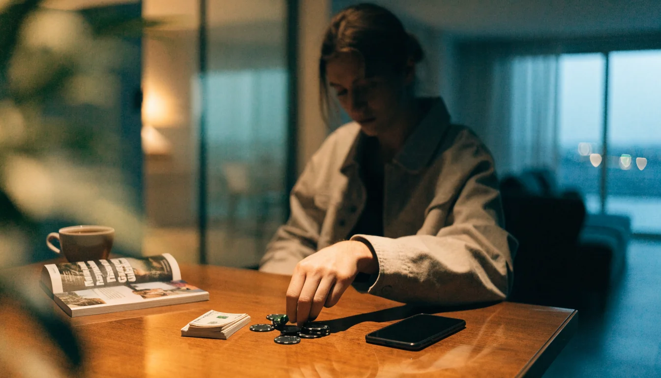 Person with casino chips and New Zealand dollars at a table at home