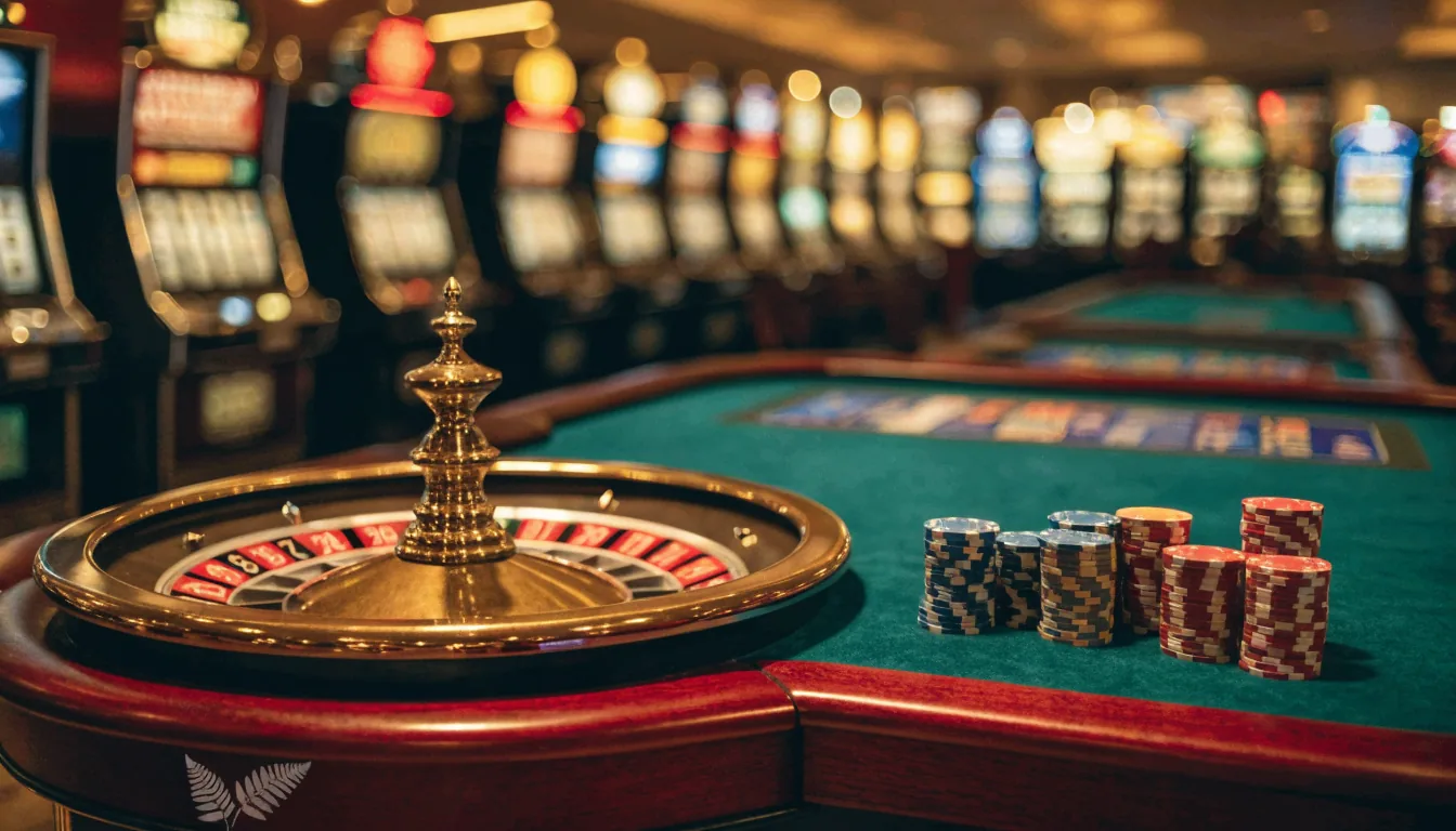 Luxurious casino table with roulette wheel and chips, New Zealand casino atmosphere