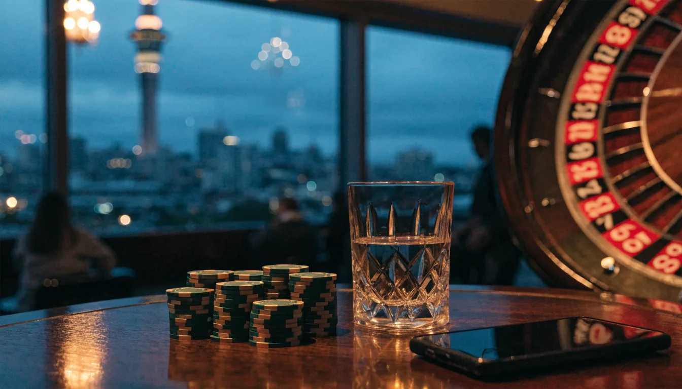 Casino chips and roulette wheel on a table with Auckland skyline at night