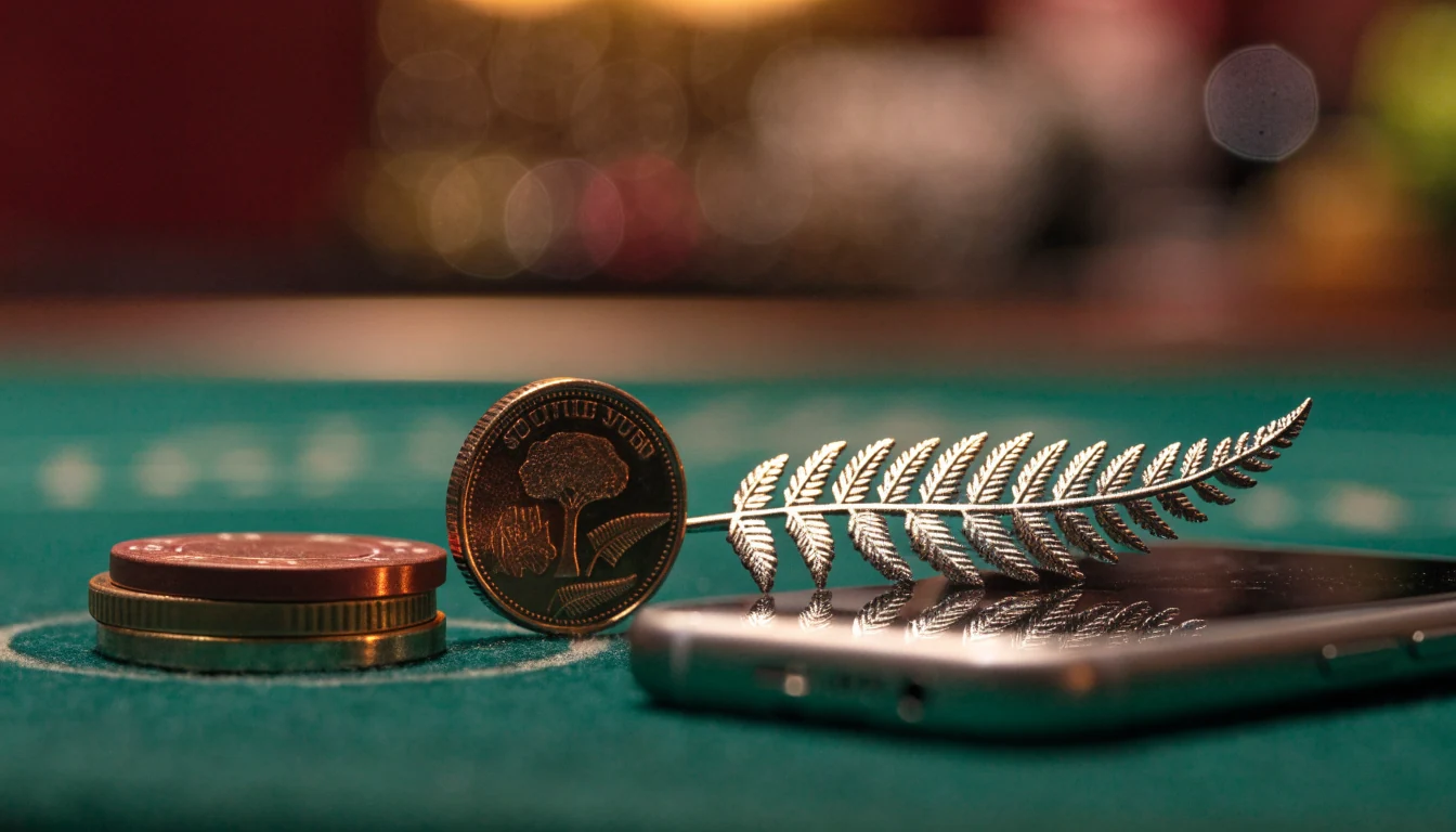 Three casino chips with a New Zealand coin and silver fern on a felt table