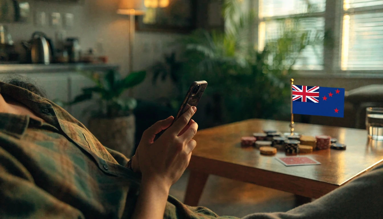 New Zealand player at home with casino chips and a smartphone, enjoying a low-deposit online casino experience.