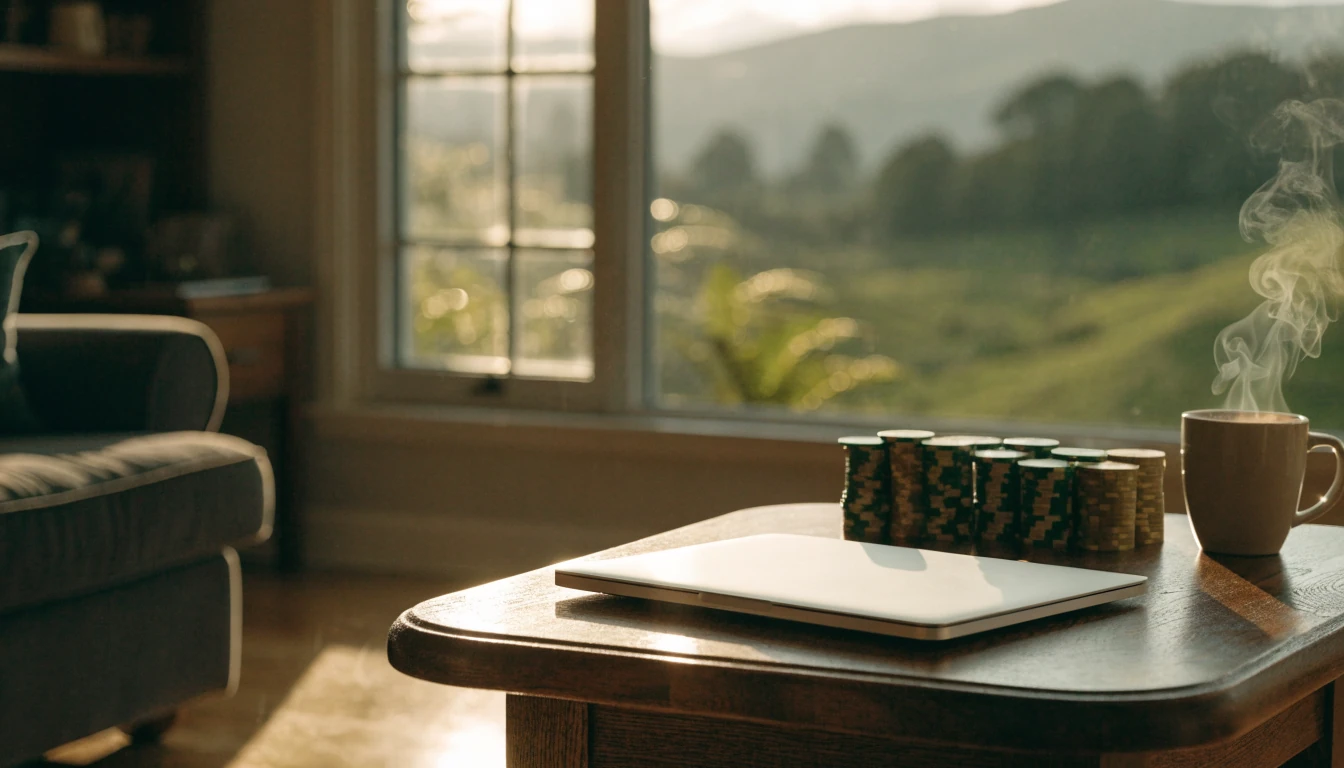 Laptop and casino chips on a coffee table in a New Zealand home