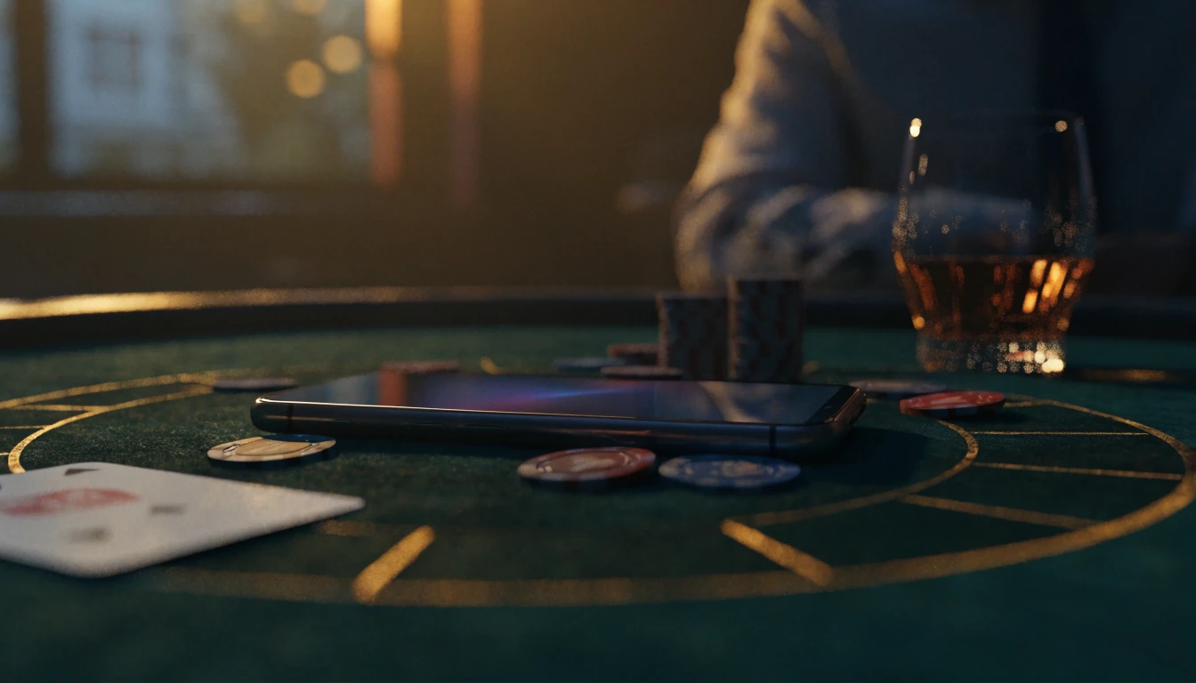 Smartphone on a casino table with chips and a card, New Zealand lounge mood.