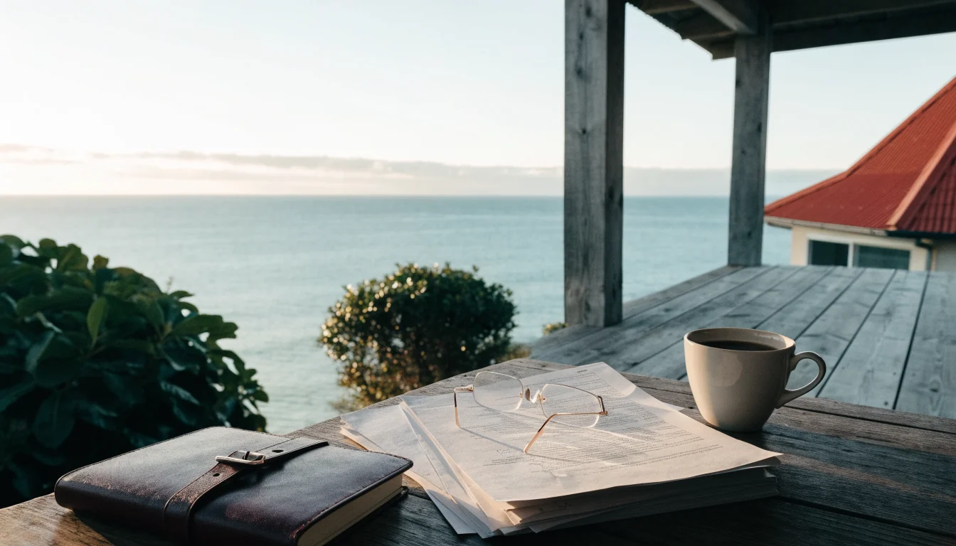 Closed notebook on a veranda overlooking a calm New Zealand coastline at sunset