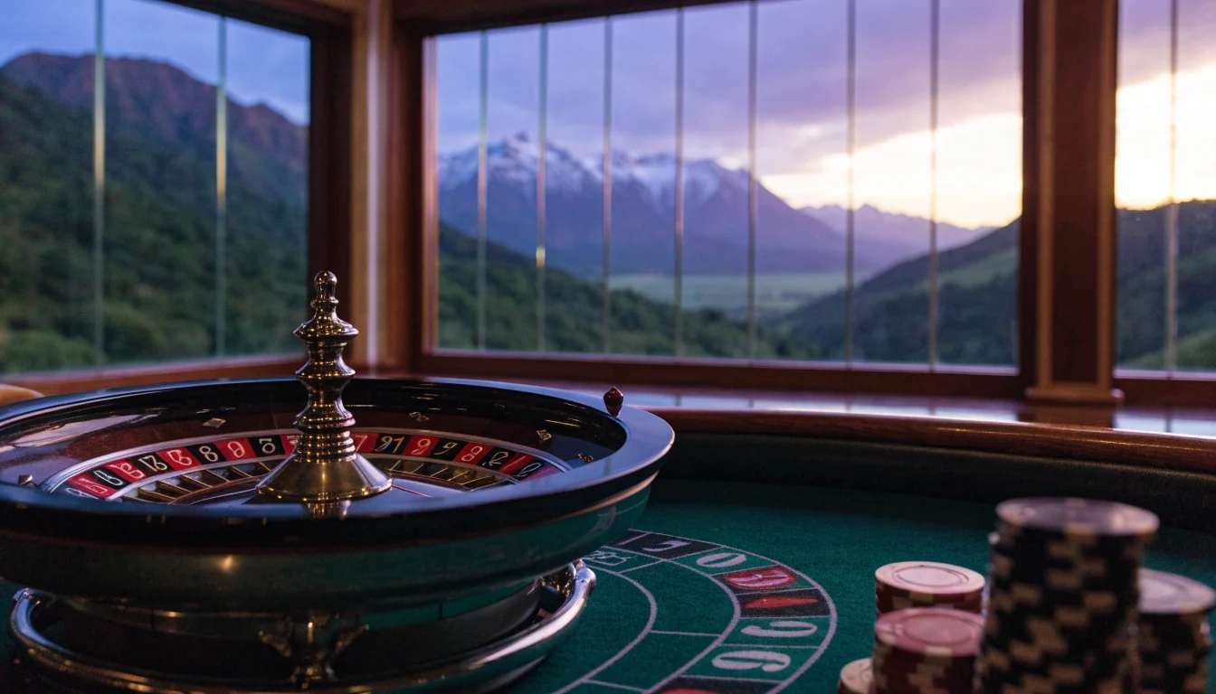 American roulette wheel with casino chips and New Zealand landscape through window
