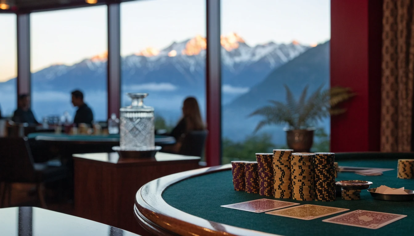 Elegant baccarat table with casino chips and New Zealand mountain view through window