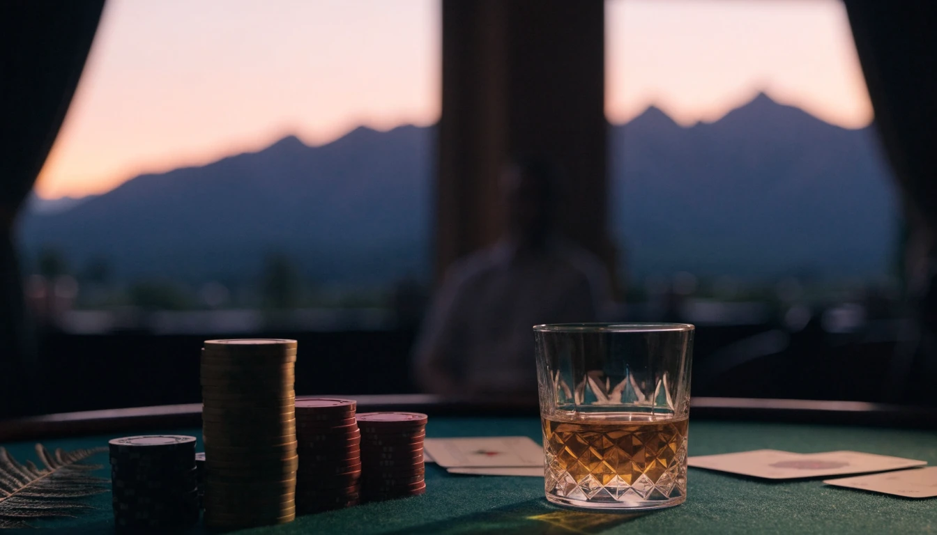 Elegant baccarat chips and cards on green felt with New Zealand Southern Alps at dusk
