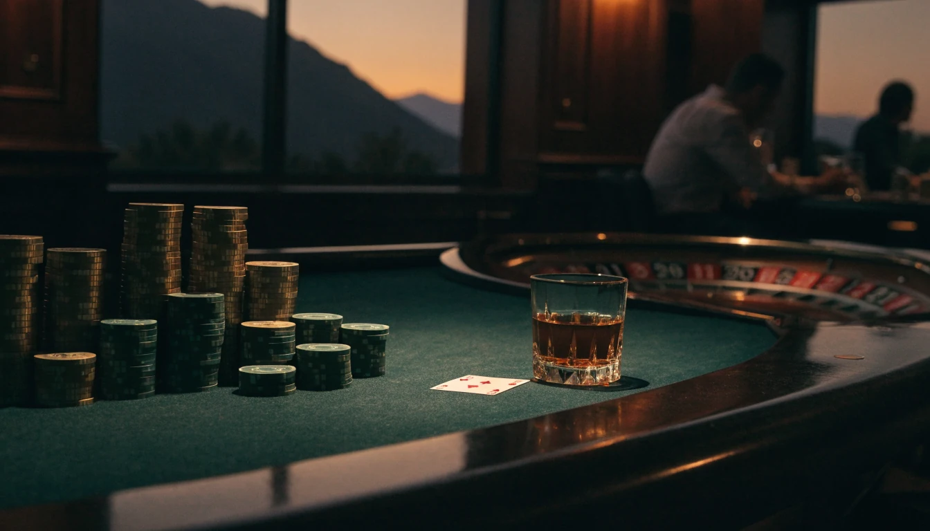 Elegant baccarat table with chips and card in a New Zealand casino lounge