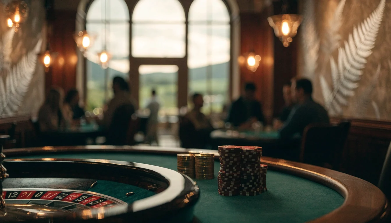 Elegant New Zealand casino lounge with roulette wheel and stacked chips