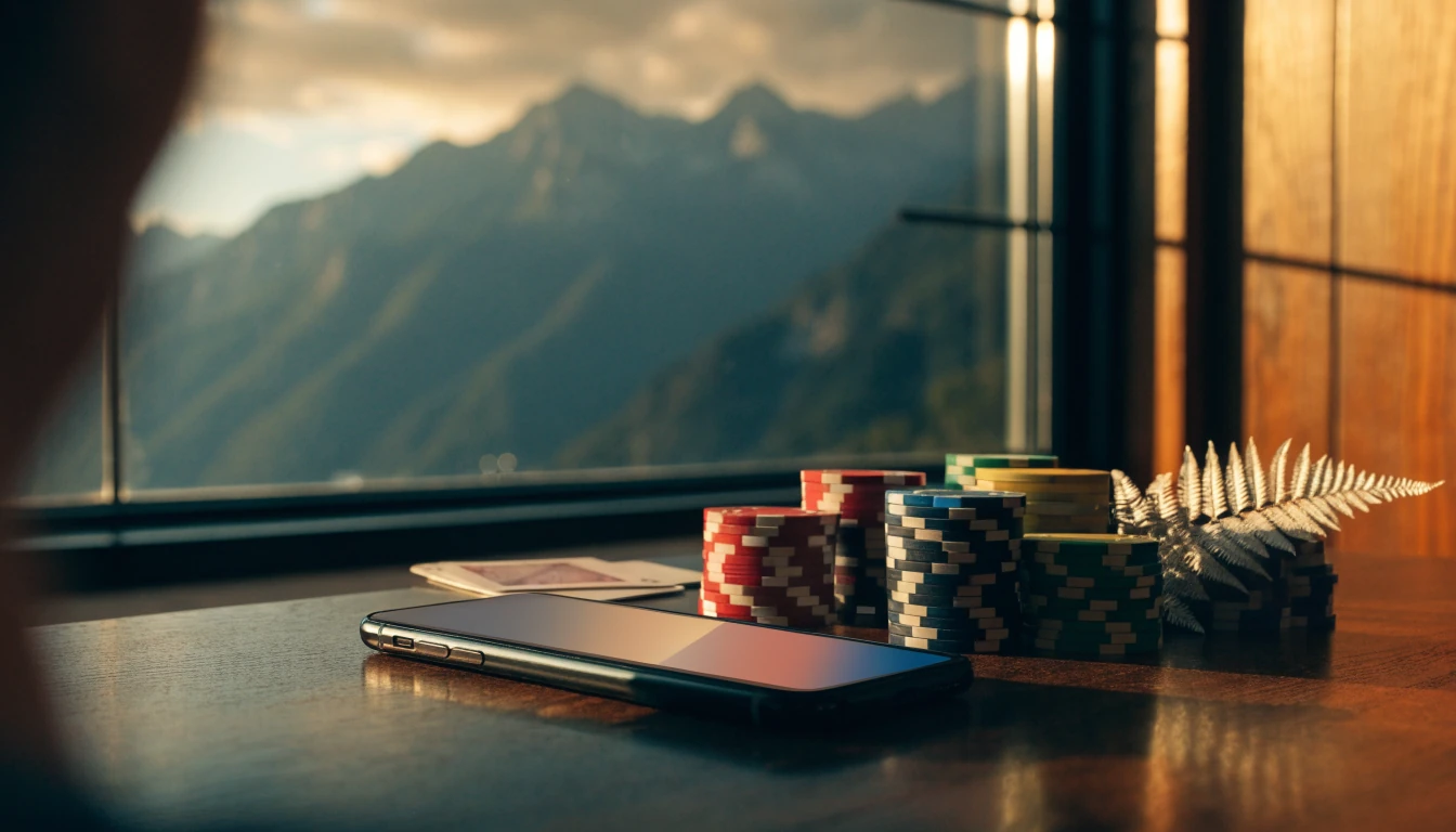 Smartphone on wooden table surrounded by casino chips, face-down cards, and a silver fern, with New Zealand Alps in the background.