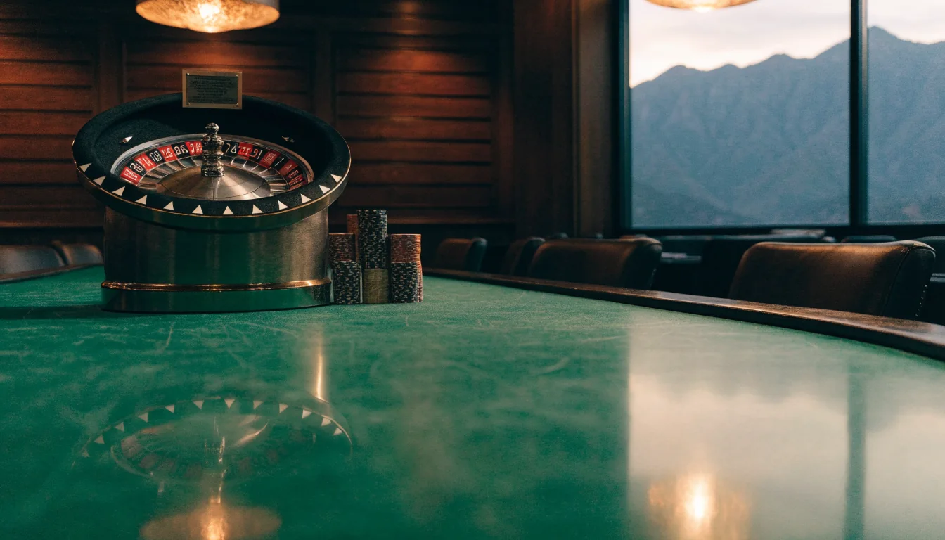 Casino table with chips and roulette wheel, warm lighting, New Zealand mountains outside window