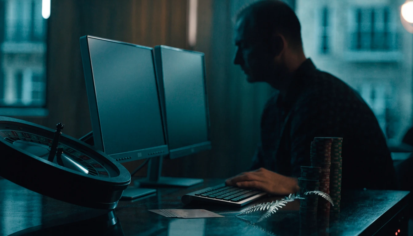 Casino software developer workspace with chips, roulette and cards