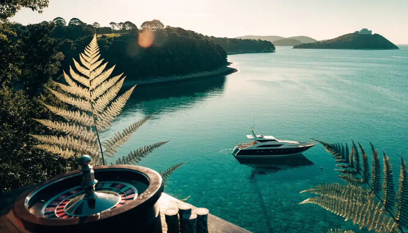 New Zealand bay with yacht, silver fern, and roulette wheel at sunset