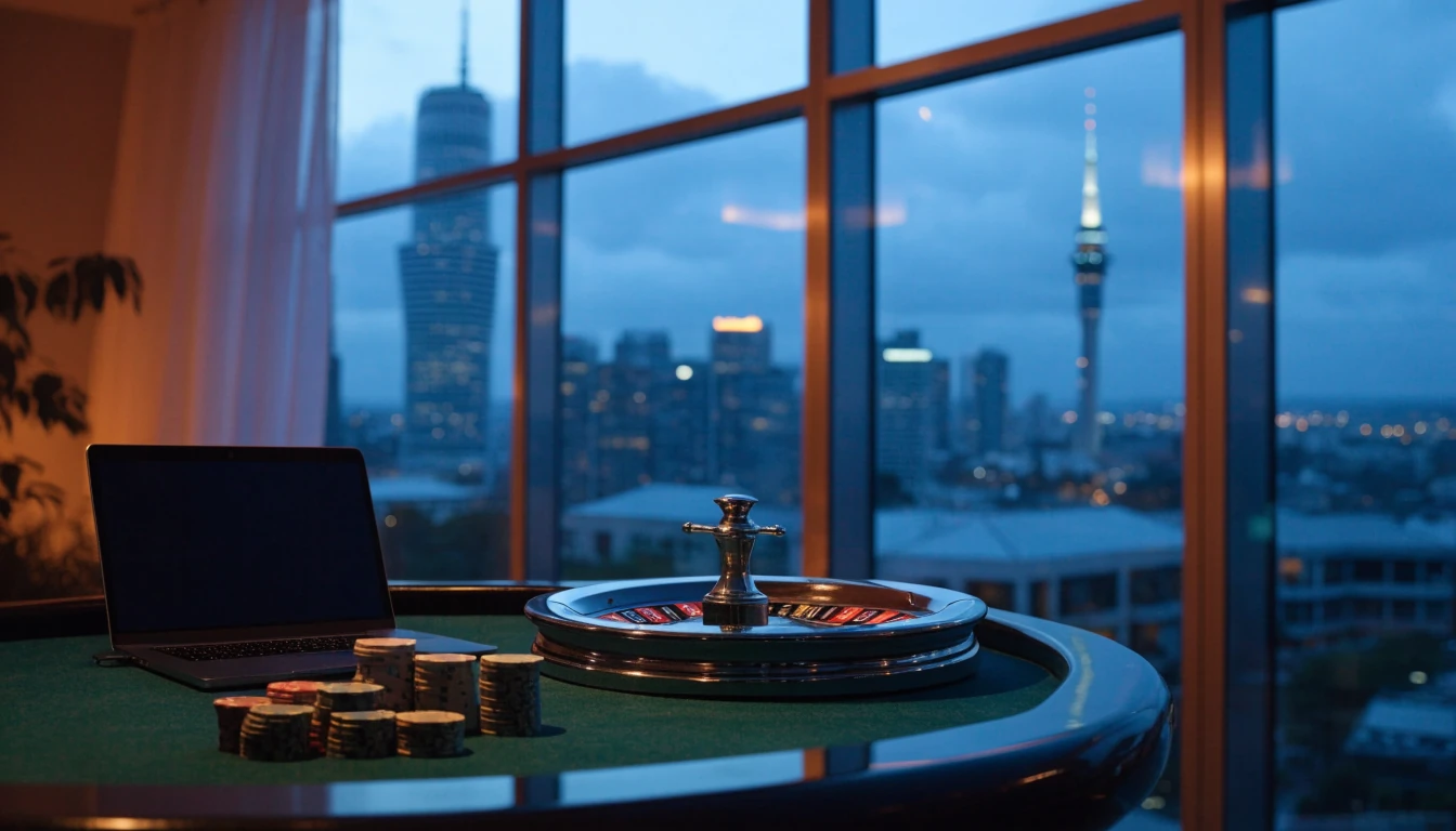 Casino chips and roulette wheel with Auckland skyline at dusk through the window