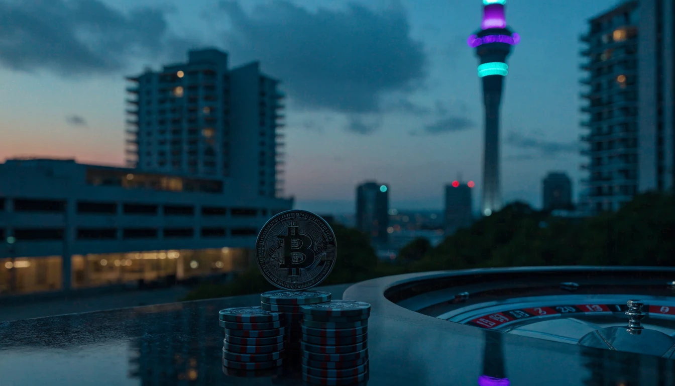 Auckland skyline at twilight with Bitcoin coin, casino chips, and roulette wheel on a table