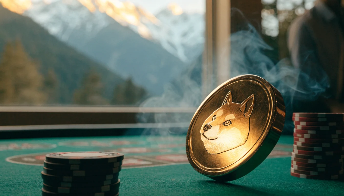 Dogecoin on casino table with New Zealand mountains in background