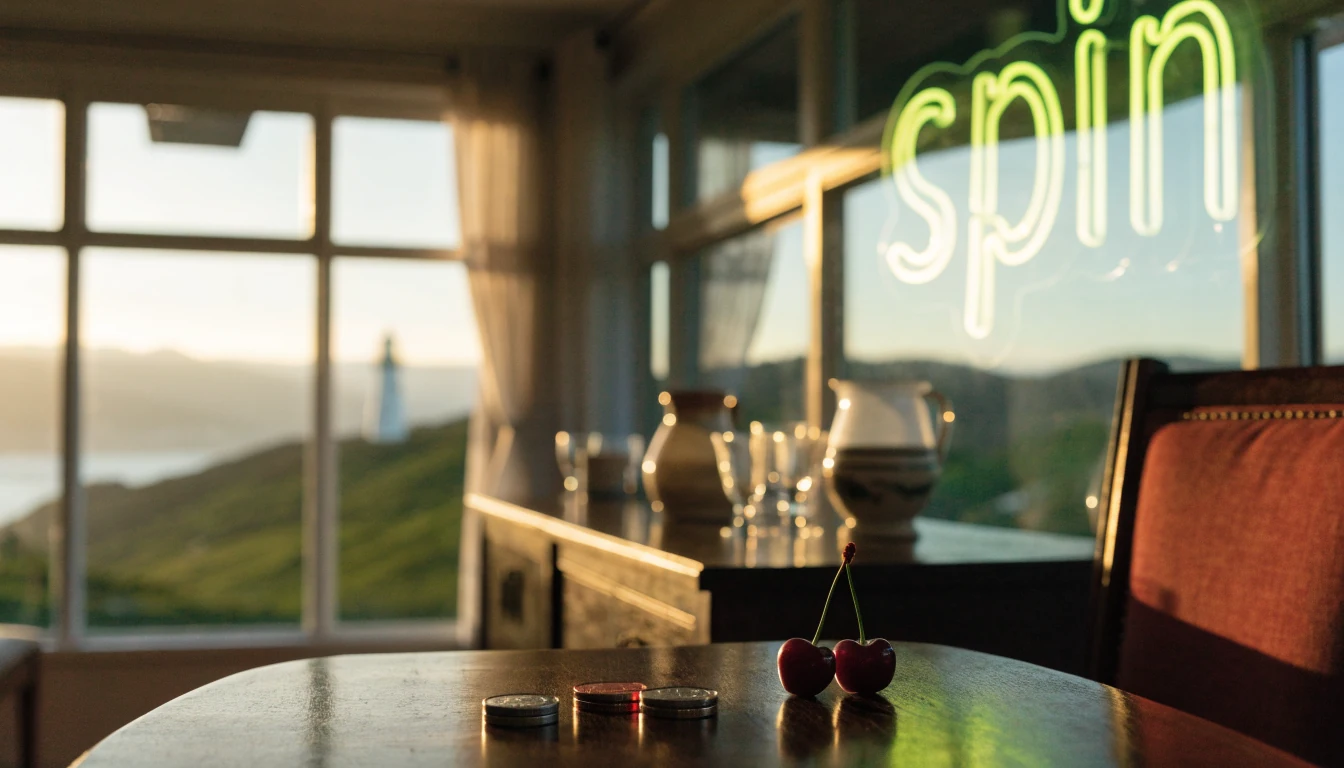 Cozy New Zealand setting with slot tokens, neon spin sign, and coastal hills view.