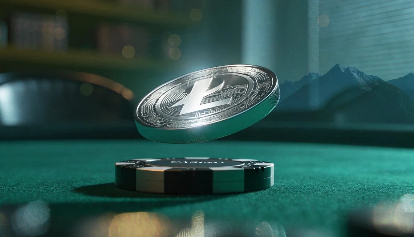 Glowing Litecoin coin over a casino chip with New Zealand mountain silhouette.