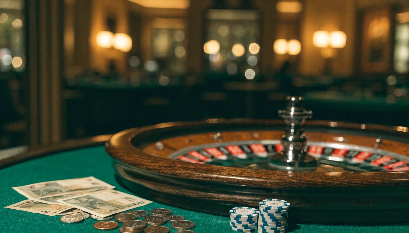 Casino roulette table with chips and New Zealand currency in warm lighting
