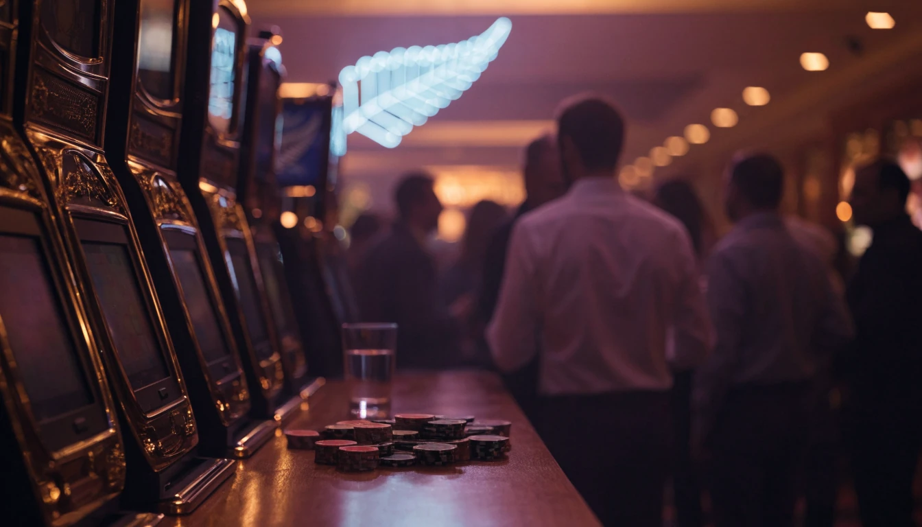 Elegant casino interior with slot machines and a silver fern neon sign