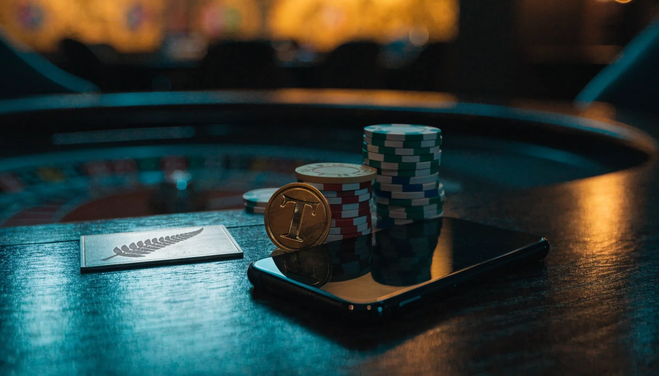 Smartphone next to tether token and casino chips on a table with a roulette wheel