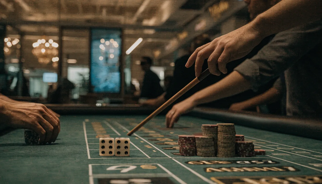 Craps table with dice and chips in a New Zealand casino