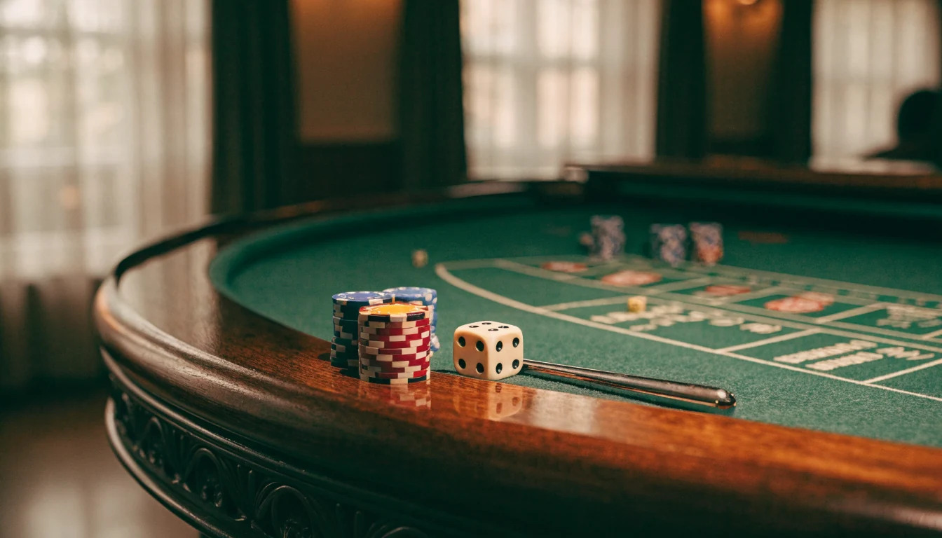 Casino craps table with stacked chips and dice under warm lighting