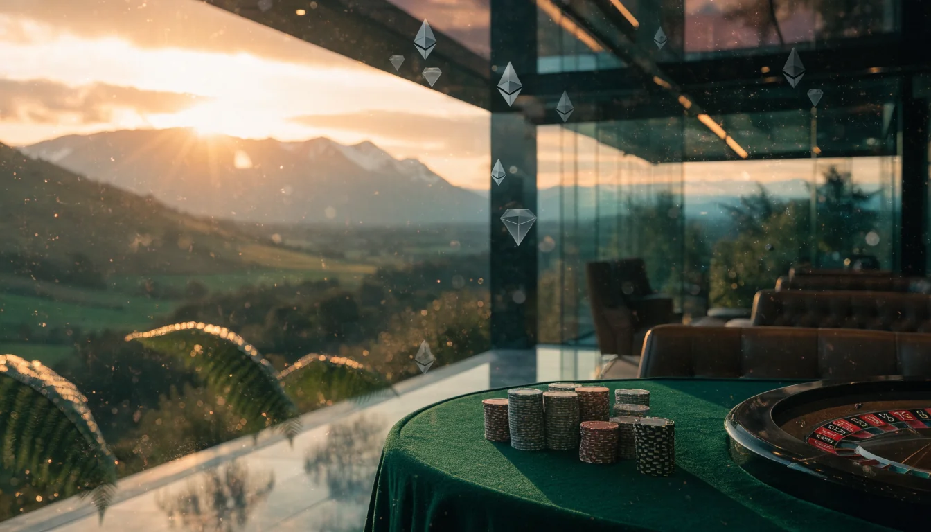 Elegant casino lounge with New Zealand landscape view and floating Ethereum symbols.