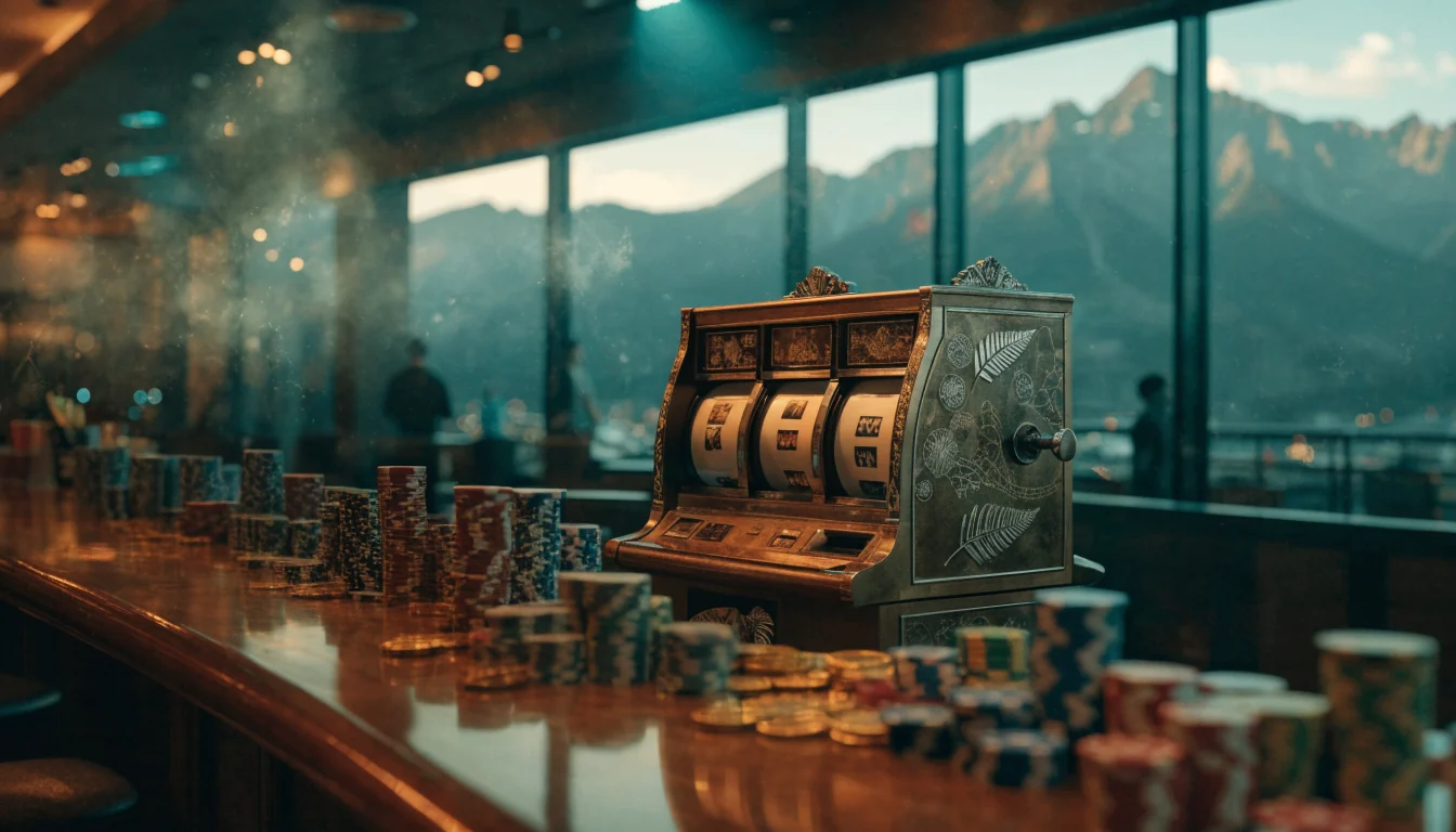 Stylish casino lounge with a slot machine featuring silver fern motifs and a Southern Alps view, New Zealand