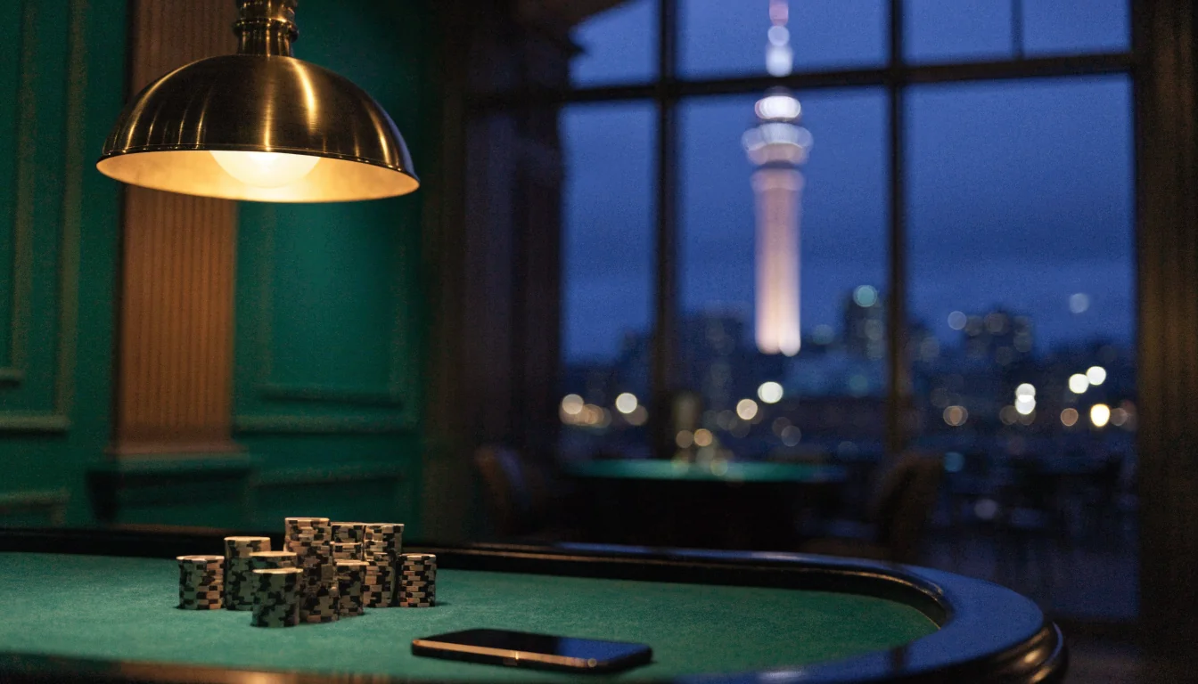 Casino table with chips, Auckland Sky Tower visible through window at night