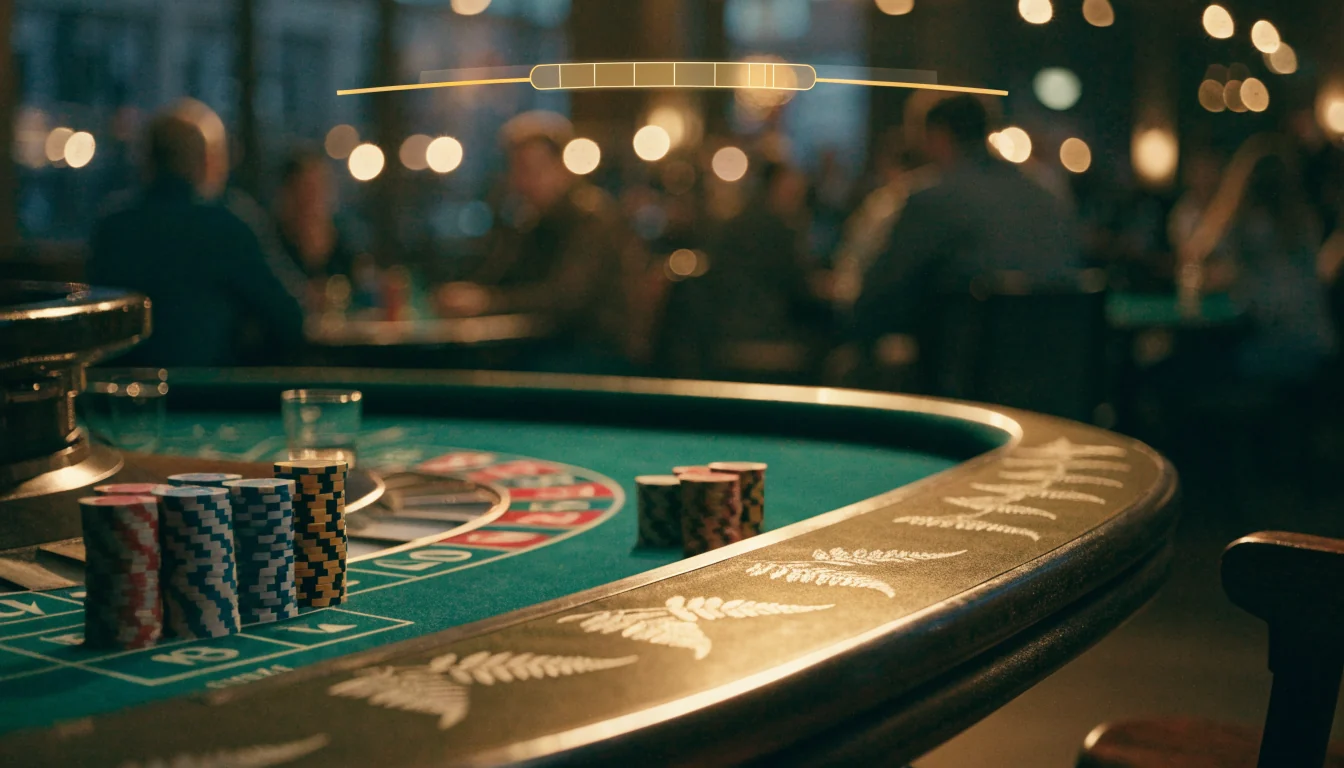 Casino roulette table with chips and glowing jackpot progress bar, New Zealand inspired setting
