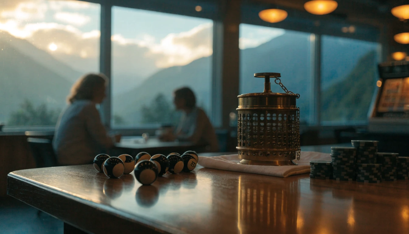 New Zealand casino lounge with keno balls and chips on a wooden table, mountains visible through the window.
