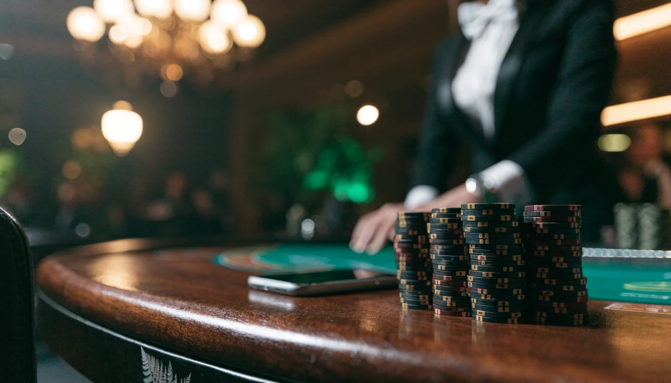 Elegant live dealer casino table, chips, and silver fern motif in New Zealand