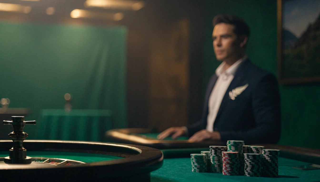 Live dealer casino studio with roulette wheel, chips and dealer in background