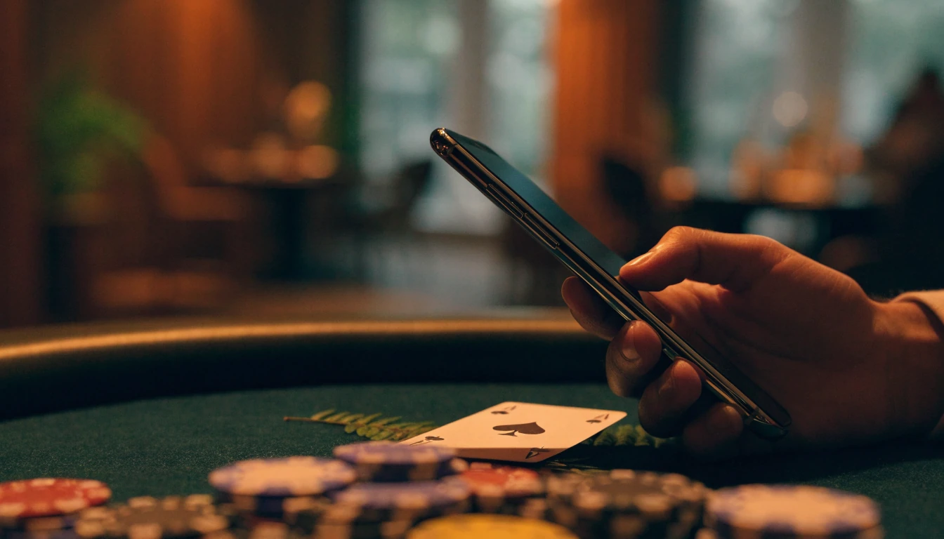 Hand holding a smartphone above casino chips and a card on a table.