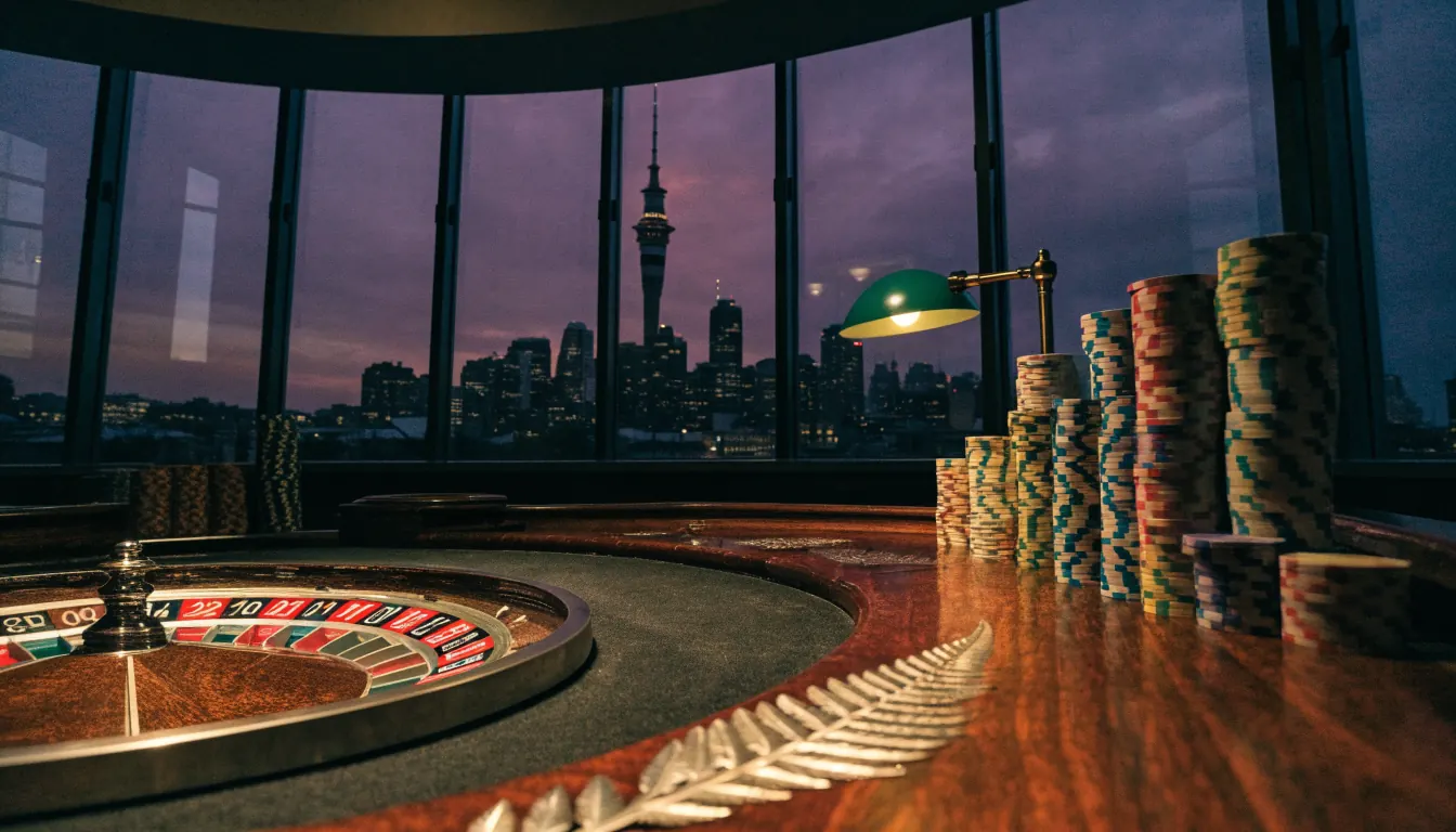 Casino roulette table with chip stacks, Auckland skyline at twilight through the window