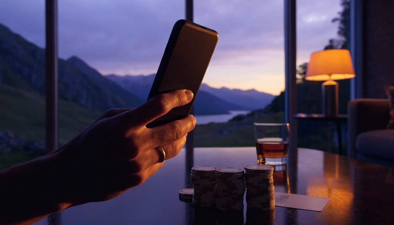 Hand holding Android phone in a stylish New Zealand lounge with casino chips on a coffee table at dusk