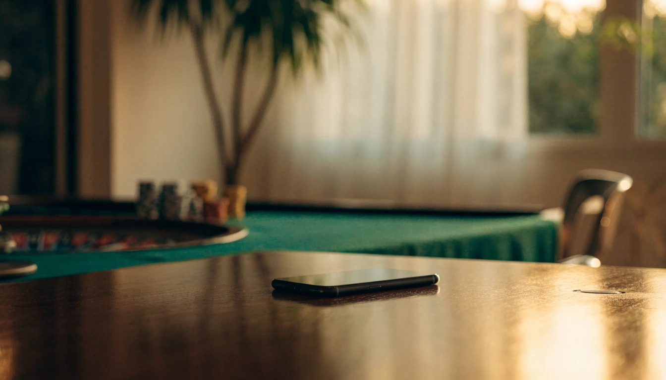 iPhone on wooden table near casino chips and roulette wheel, New Zealand setting
