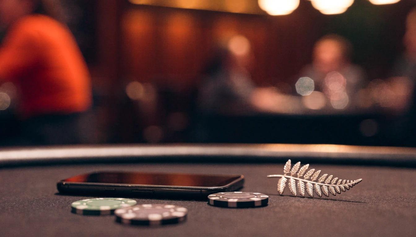 Smartphone on casino table with New Zealand kiwi figurine and chips