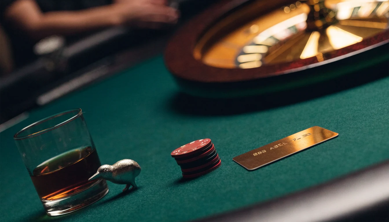 Credit card, casino chips, and roulette wheel on a felt table