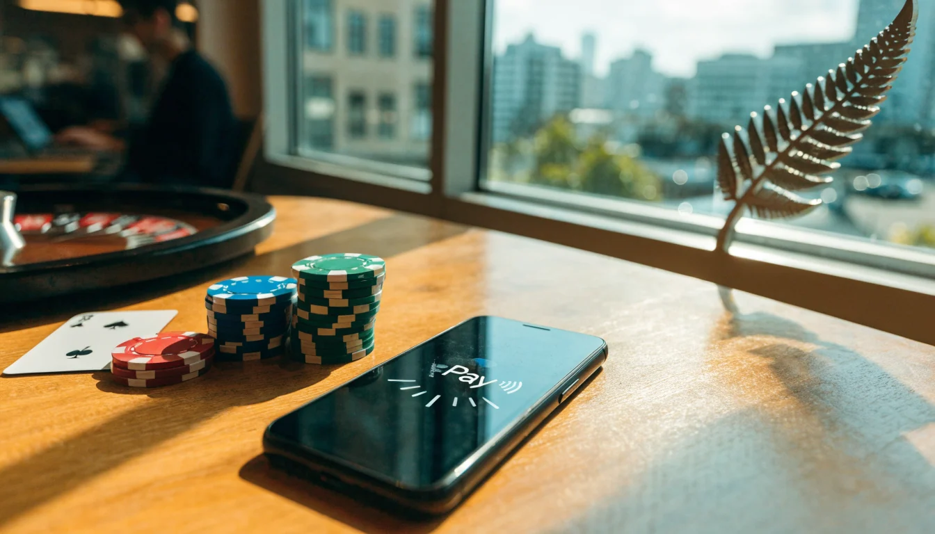 Smartphone paying via Google Pay at a New Zealand café with casino props nearby