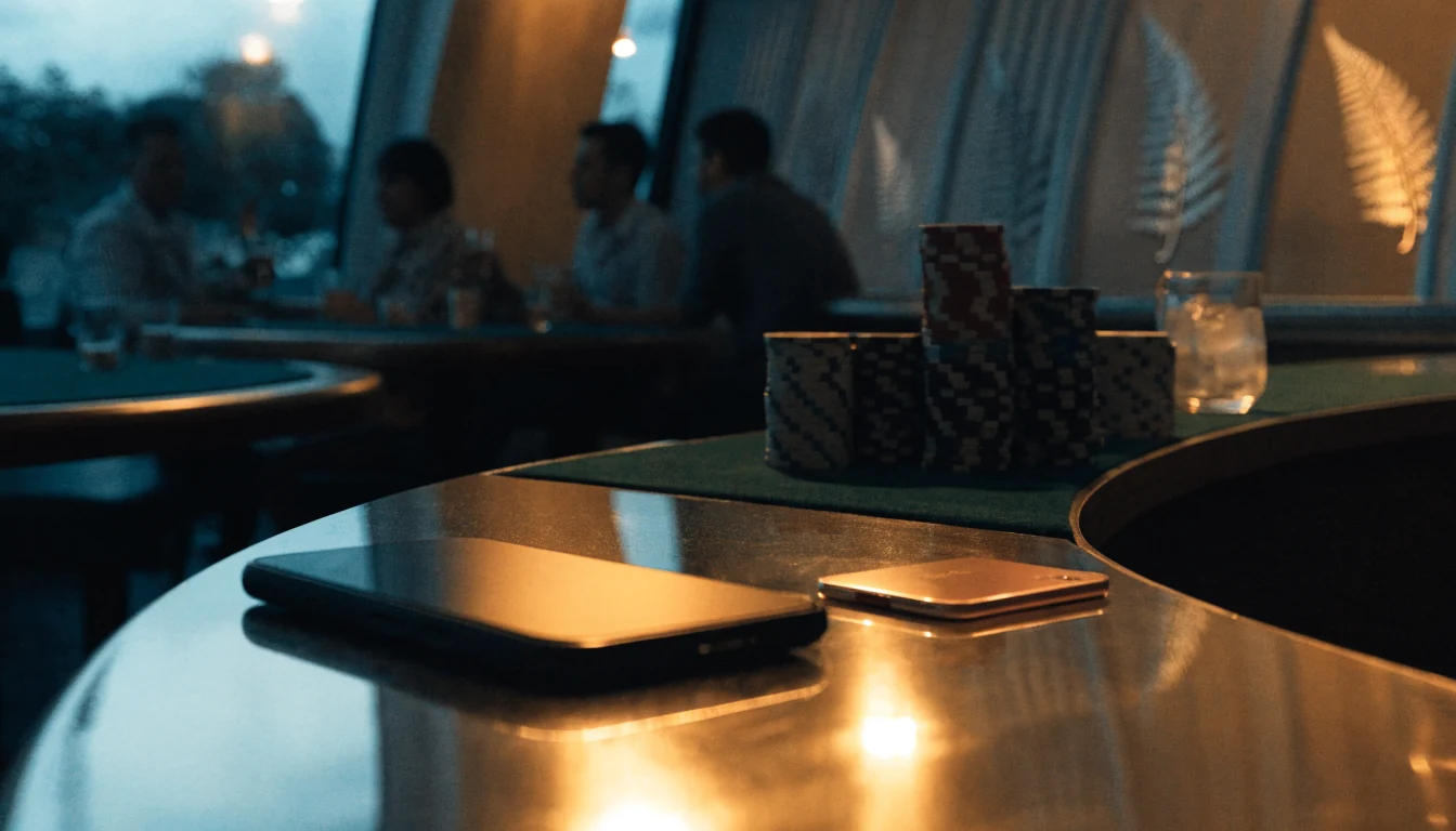 Modern casino lounge with poker chips, e-wallet card and smartphone, New Zealand inspired interior