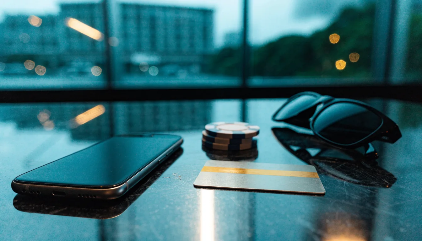 Maestro card, chips and phone on table near Auckland waterfront