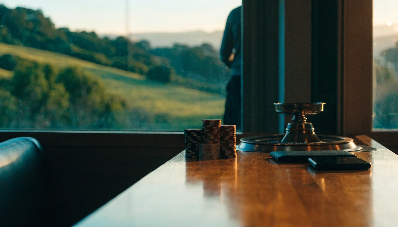 Casino chips and a roulette wheel on a bar counter with a New Zealand landscape through the window