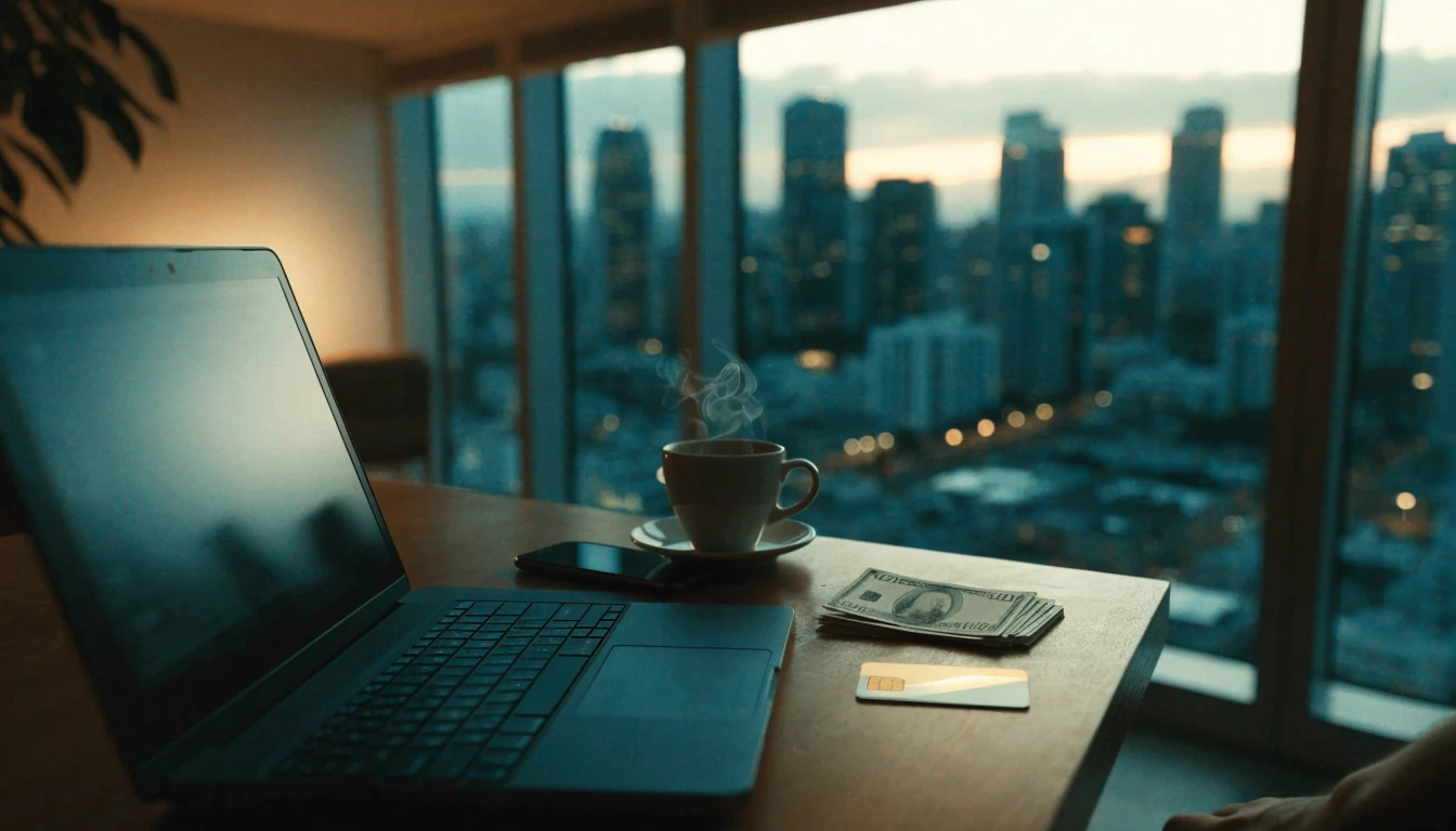 Desk with laptop, smartphone, and New Zealand dollars representing online casino payment options