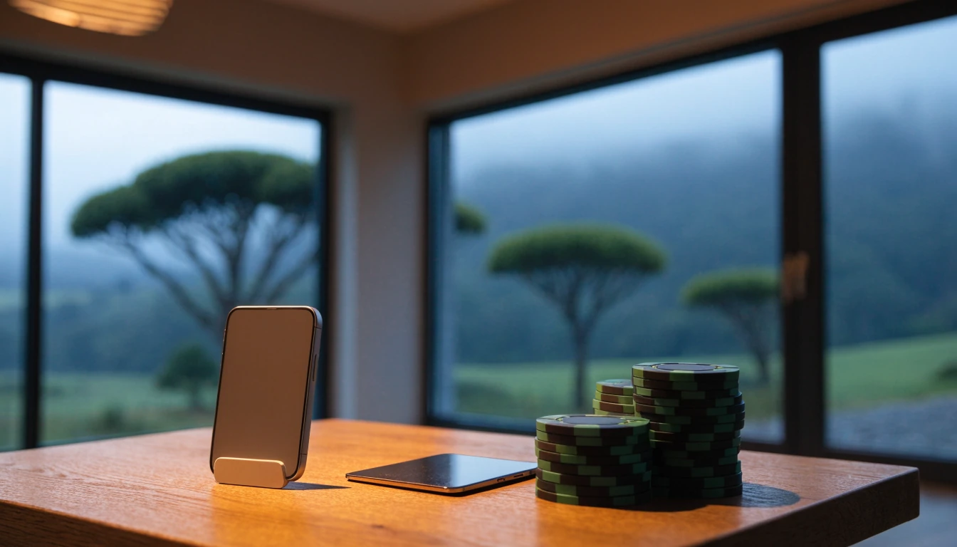 Smartphone, e-wallet card and casino chips on a table with New Zealand hills behind the window