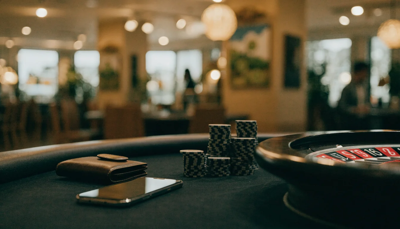 New Zealand casino table with chips, roulette wheel, and smartphone suggesting PayPal payments